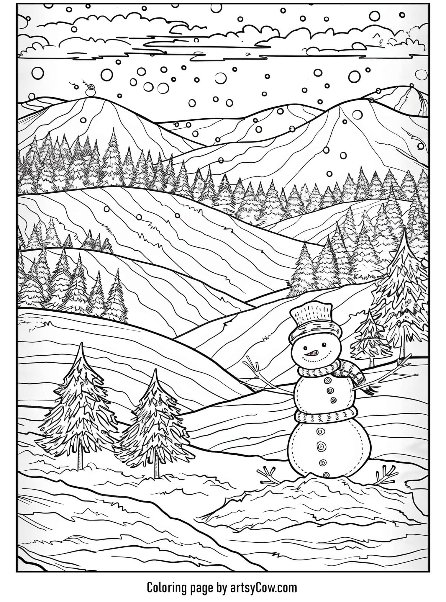 a snow-covered landscape with hills, a snowman, and wooded areas
